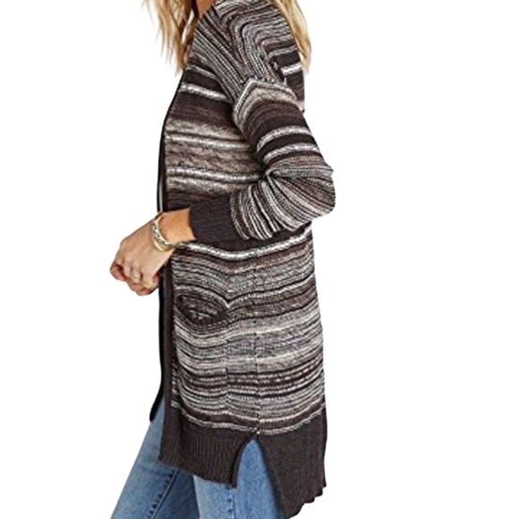 Billabong Cardigan Duster Womens Size S/P Brown with Pockets Striped Open Earthy - Picture 3 of 16